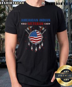 Top Native American Indian veteran wearing a patriotic USA flag t-shirt, showcasing pride in indigenous heritage.