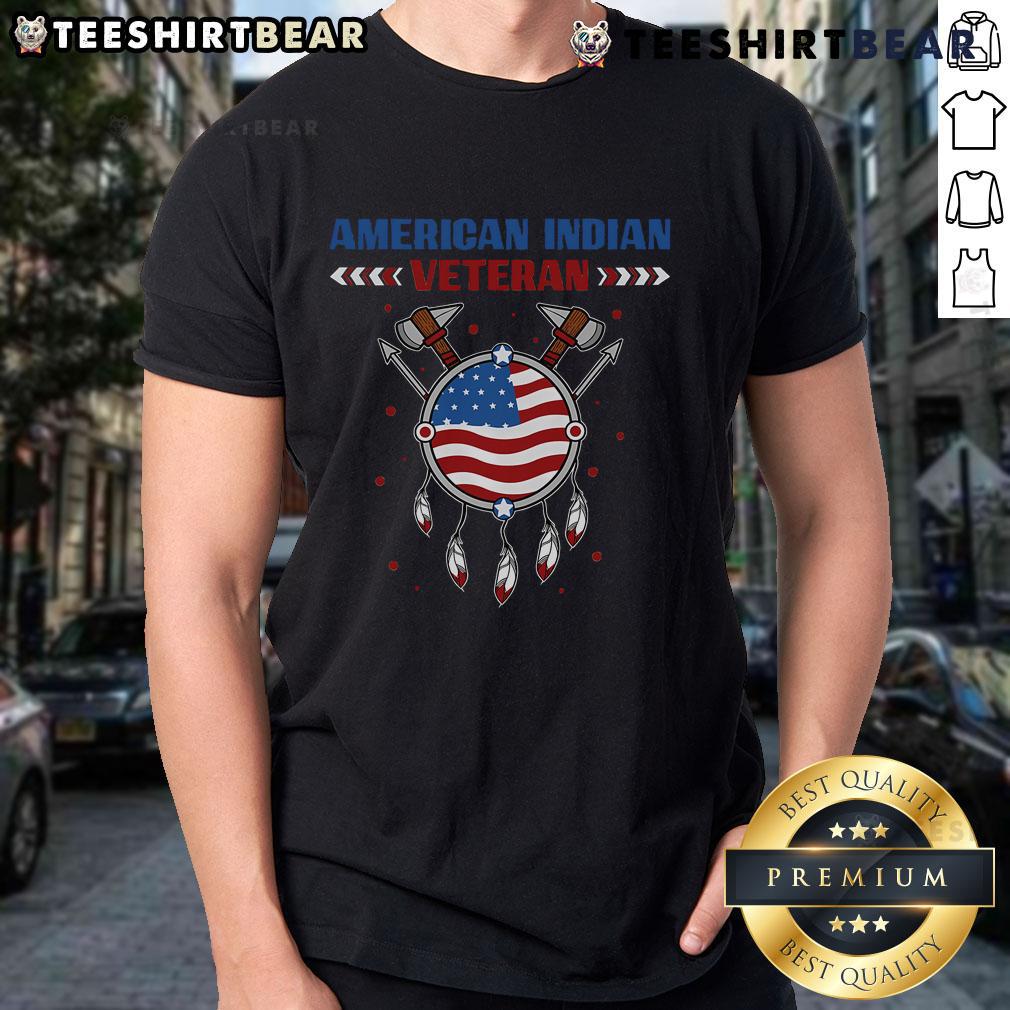 Top Native American Indian Veteran Usa Flag Patriotic Indigenous T Shirt Top Native American Indian veteran wearing a patriotic USA flag t-shirt, showcasing pride in indigenous heritage.