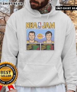 Alt Text: Top NBA Jam hoodie featuring Doncic and Reaves, perfect for Lakers fans and basketball enthusiasts.