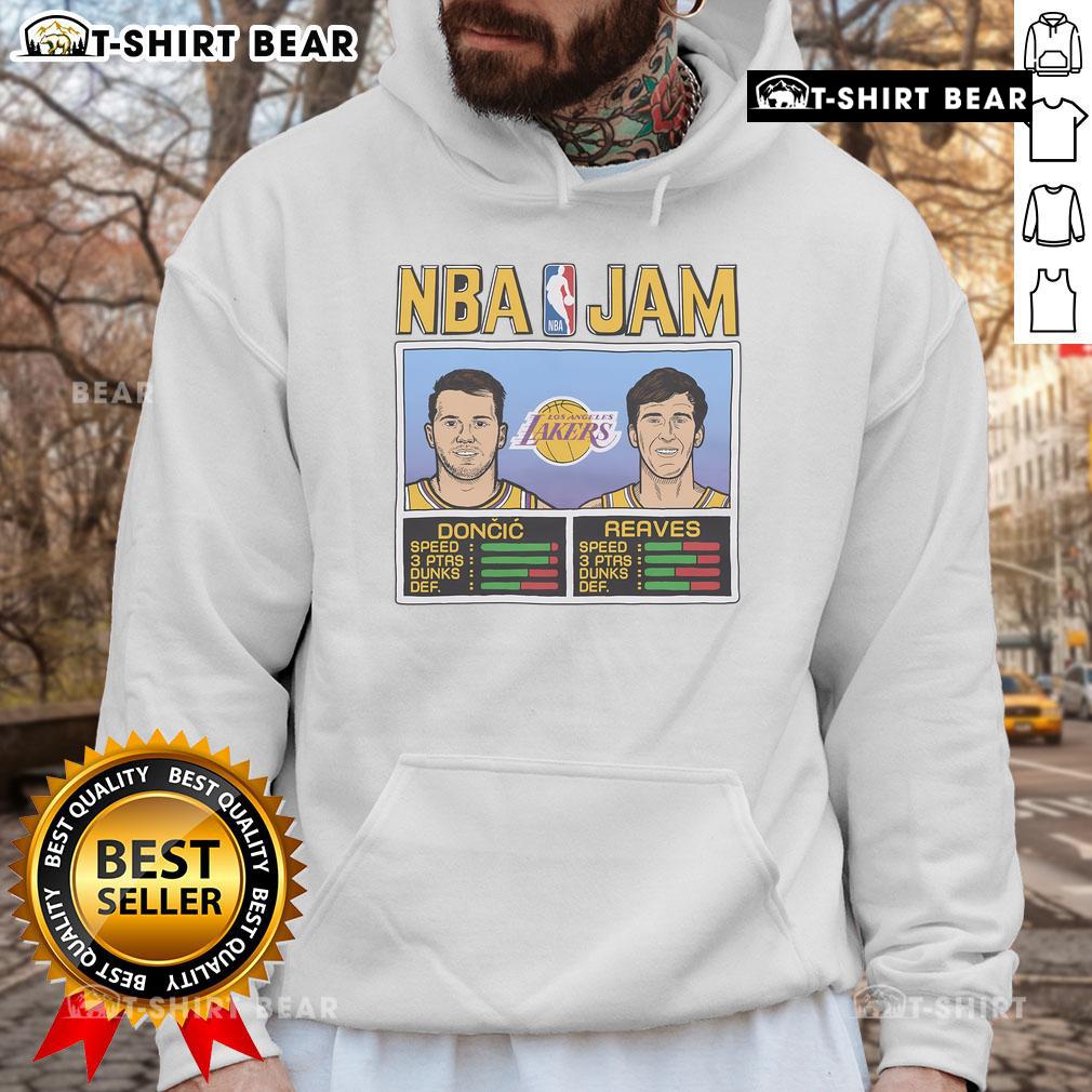 Top Nba Jam Lakers Doncic And Reaves Hoodie Alt Text: Top NBA Jam hoodie featuring Doncic and Reaves, perfect for Lakers fans and basketball enthusiasts.