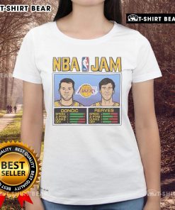 Alt Text: Top NBA Jam Lakers tee featuring Doncic and Reaves, perfect for ladies who love basketball style.