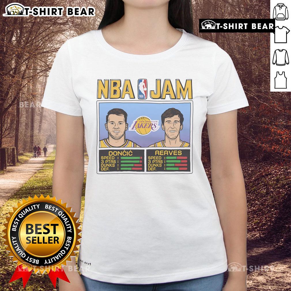 Top Nba Jam Lakers Doncic And Reaves Ladies Tee Alt Text: Top NBA Jam Lakers tee featuring Doncic and Reaves, perfect for ladies who love basketball style.