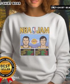 Top NBA Jam Lakers sweatshirt featuring Doncic and Reaves, perfect for fans and gamers alike.