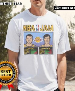 Alt Text: Top NBA Jam Lakers T-shirt featuring Doncic and Reaves, perfect for basketball fans and Lakers supporters.