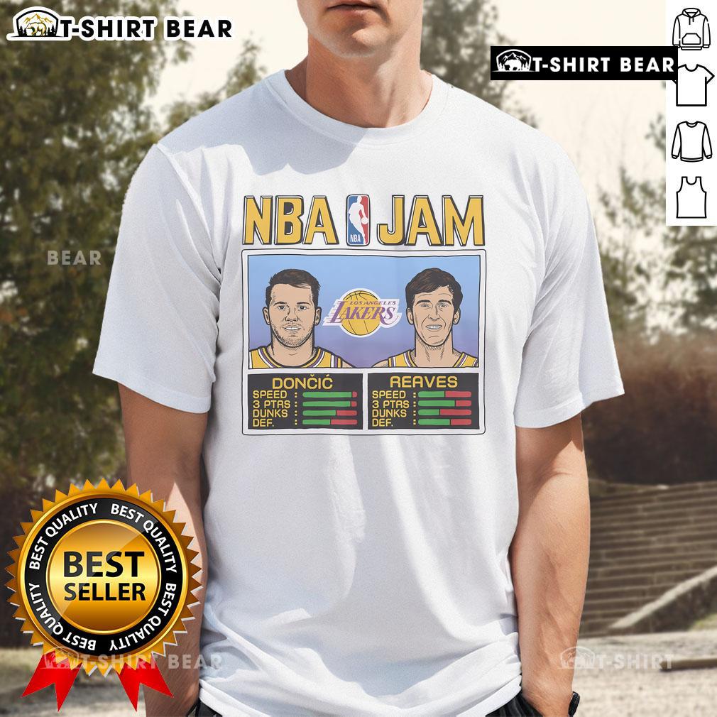 Top Nba Jam Lakers Doncic And Reaves T Shirt Alt Text: Top NBA Jam Lakers T-shirt featuring Doncic and Reaves, perfect for basketball fans and Lakers supporters.