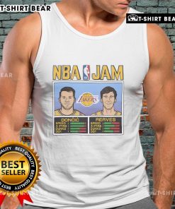 Alt Text: Top NBA Jam Lakers tank top featuring Doncic and Reaves, perfect for basketball fans and summer wear.