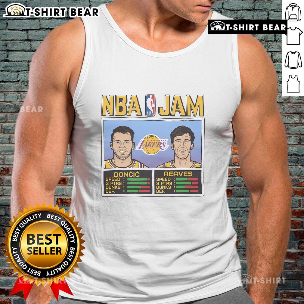 Top Nba Jam Lakers Doncic And Reaves Tank Top Alt Text: Top NBA Jam Lakers tank top featuring Doncic and Reaves, perfect for basketball fans and summer wear.