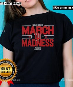 Alt Text: Top NCAA Men's Basketball 2025 Indiana Hoosiers March Madness ladies tee featuring team colors and logo.
