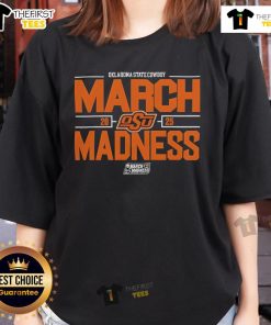 2025 NCAA Men's Basketball Oklahoma State Cowboys March Madness ladies tee featuring team colors and logo.