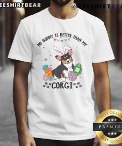 Tricolor Corgi dog on Easter Day T-shirt featuring 'No Bunny Is Better Than My Corgi' design in vibrant colors.