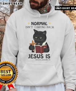 Black cat priest hoodie featuring the phrase 'Top Normal Isn't Coming Back, Jesus is Black' for unique fashion statement.