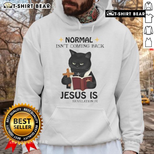 Black cat priest hoodie featuring the phrase 'Top Normal Isn't Coming Back, Jesus is Black' for unique fashion statement.