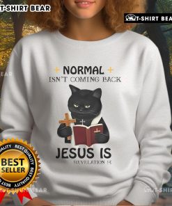 Black cat priest sweatshirt featuring the phrase Top Normal Isn't Coming Back, Jesus Is for stylish, unique apparel.