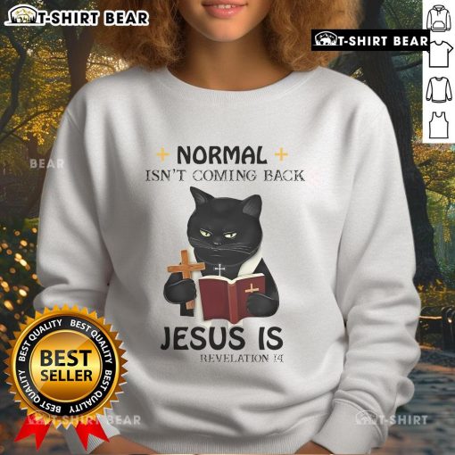 Black cat priest sweatshirt featuring the phrase Top Normal Isn't Coming Back, Jesus Is for stylish, unique apparel.
