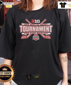 Alt Text: 2025 Big Ten Men's Ice Hockey Tournament logo on a Ladies Tee featuring Ohio State Buckeyes design.