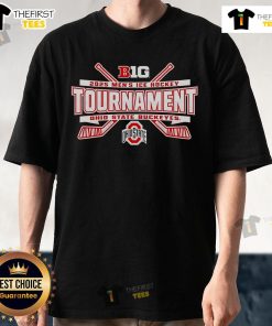 Alt Text: Ohio State Buckeyes 2025 Big Ten Men's Ice Hockey Tournament logo T-shirt featuring team colors and design.