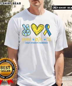 Top Peace Love T21 Down Syndrome Awareness Ribbon T-Shirt featuring a colorful design promoting inclusivity and support.