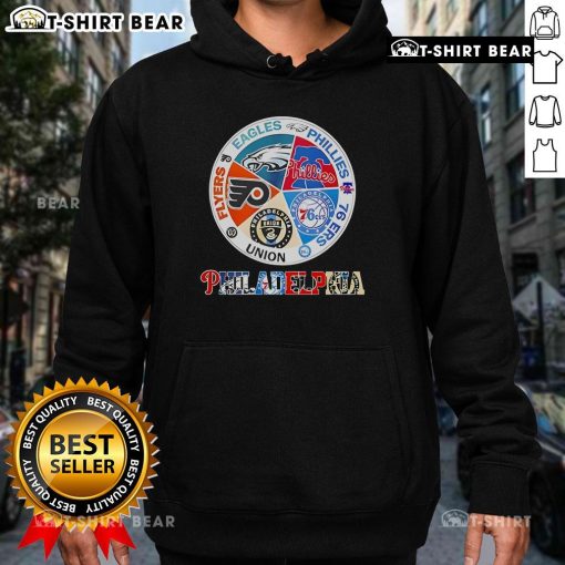 Cozy hoodie featuring logos of top Philadelphia teams: Flyers, Eagles, Phillies, 76ers, and Union for sports fans.