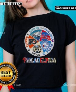 Top Philadelphia teams ladies tee featuring Flyers, Eagles, Phillies, 76ers, and Union logos in vibrant colors.
