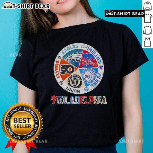 Top Philadelphia teams ladies tee featuring Flyers, Eagles, Phillies, 76ers, and Union logos in vibrant colors.