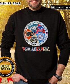 Cozy sweatshirt featuring top Philadelphia teams: Flyers, Eagles, Phillies, 76ers, and Union logos for sports fans.