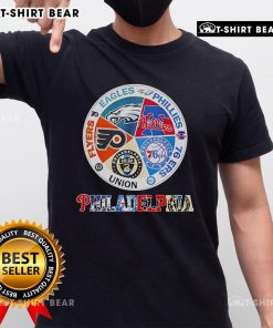 Top Philadelphia Teams T-Shirt featuring Flyers, Eagles, Phillies, 76ers, and Union logos in vibrant design.