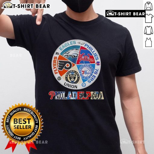 Top Philadelphia Teams T-Shirt featuring Flyers, Eagles, Phillies, 76ers, and Union logos in vibrant design.