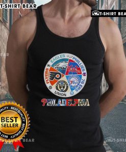 Top Philadelphia teams tank top featuring Flyers, Eagles, Phillies, 76ers, and Union logos in vibrant colors.