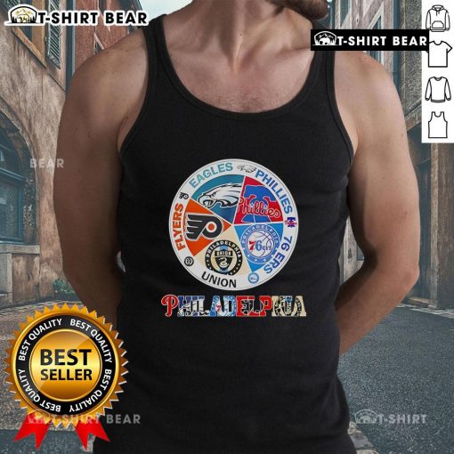 Top Philadelphia teams tank top featuring Flyers, Eagles, Phillies, 76ers, and Union logos in vibrant colors.