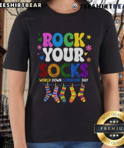 Top Rock Your Socks World Down Syndrome Awareness Day Ladies Tee in vibrant colors promoting inclusivity and support.