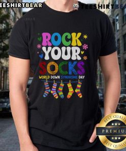 Alt Text: Top Rock Your Socks World Down Syndrome Awareness Day WDSD T-Shirt featuring vibrant colors and a fun design.
