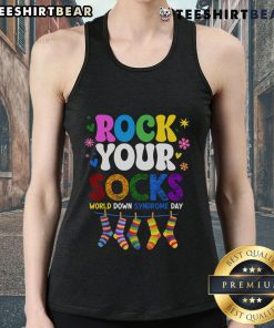 Top Rock Your Socks World Down Syndrome Awareness Day tank top featuring vibrant design and supportive message.
