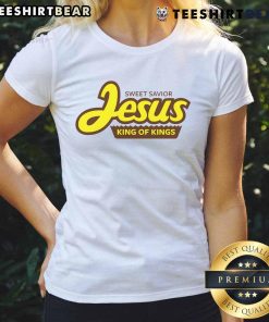 Stylish 'Top Sweet Savior Jesus King of Kings' ladies tee featuring a vibrant design, perfect for faith-inspired fashion.