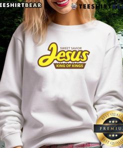 Top Sweet Savior Jesus King of Kings sweatshirt featuring a stylish design for faith-inspired fashion enthusiasts.