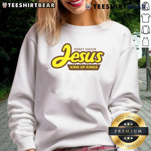 Top Sweet Savior Jesus King of Kings sweatshirt featuring a stylish design for faith-inspired fashion enthusiasts.