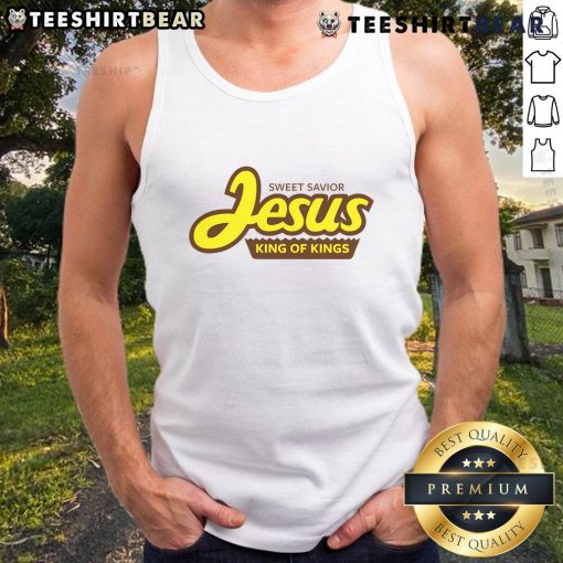 Stylish tank top featuring 'Sweet Savior Jesus King of Kings' design, perfect for faith-inspired fashion lovers.