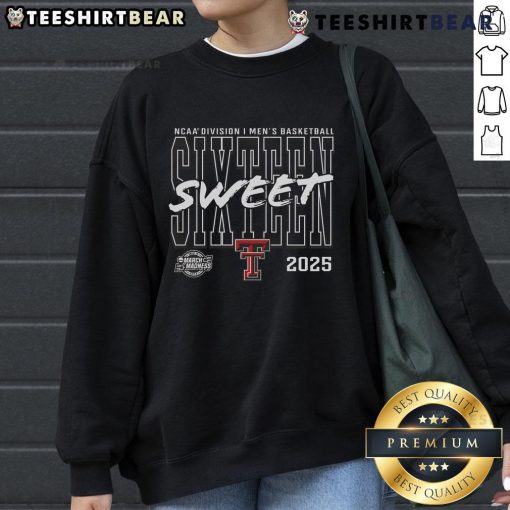 Top Texas Tech Red Raiders 2025 NCAA Men's Basketball Tournament Sweet 16 sweatshirt featuring bold team logo.