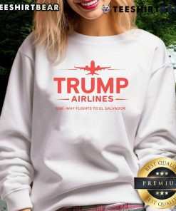Top Trump Airlines one-way flights to El Salvador with a Maga patriotic sweatshirt on display, perfect for travel lovers.
