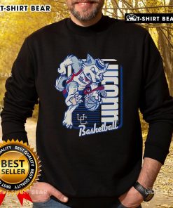 Alt Text: UConn Huskies basketball mascot performing a dunk while wearing a vibrant sweatshirt, perfect for fans and athletes.