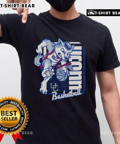UConn Huskies basketball mascot dunking on a vibrant t-shirt, perfect for fans and sports enthusiasts.