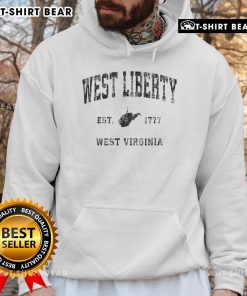 Alt Text: Vintage athletic sports hoodie featuring Top West Liberty, West Virginia Est. 1777 design for fans and alumni.