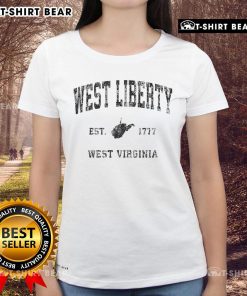 Vintage athletic sports ladies tee featuring 'Top West Liberty, West Virginia, Est. 1777' design in stylish graphics.