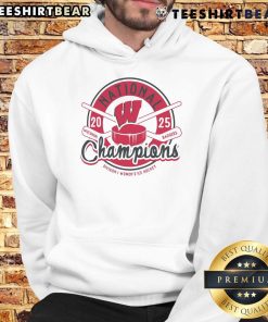 Top Wisconsin Badgers 2025 NCAA Frozen Four Women's Ice Hockey Tournament Champions hoodie in vibrant red and white.