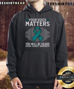 Top Your Voice Matters hoodie promoting sexual assault awareness, featuring bold text and a stylish design.