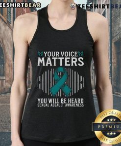 Top featuring 'Your Voice Matters' slogan for Sexual Assault Awareness, promoting empowerment and support.