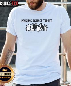 Top Penguins Against Tariffs Sarcastic Saying Meme T-Shirt featuring playful penguins and witty text on a vibrant background.
