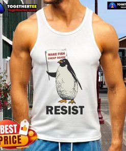Funny penguin wearing a tank top protesting against tariffs at a rally, showcasing humorous activism and resistance.