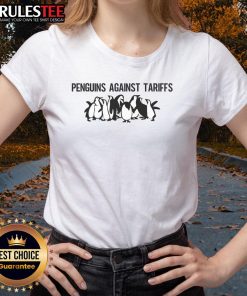 Funny meme featuring penguins with a sarcastic saying about tariffs on a ladies tee design.