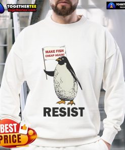 Funny penguin wearing a protest sign sweatshirt, advocating against tariffs in a humorous and playful way.