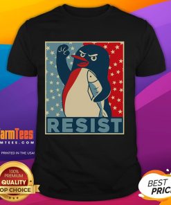 Funny Penguin Resist Penguins Protest Against Tariffs T-Shirt featuring a cartoon penguin holding a protest sign.